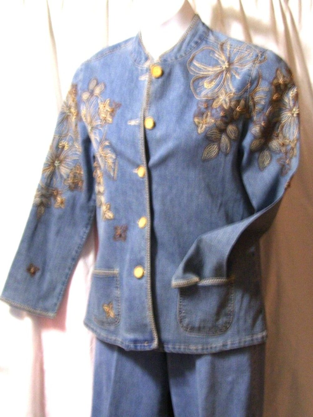 Ruby Rd Blue Denim Gold Embroidery 2 pcs Jacket Pant Suit Size 12